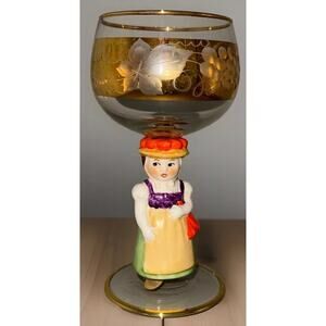 Rare VTG Goebel Hummel Wine Glass Figurine German Girl Gold Trim Barware 5.5"